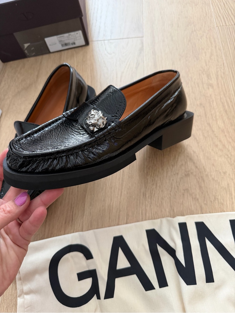 Ganni Black Patent Leather Loafers with Silver stud Accent